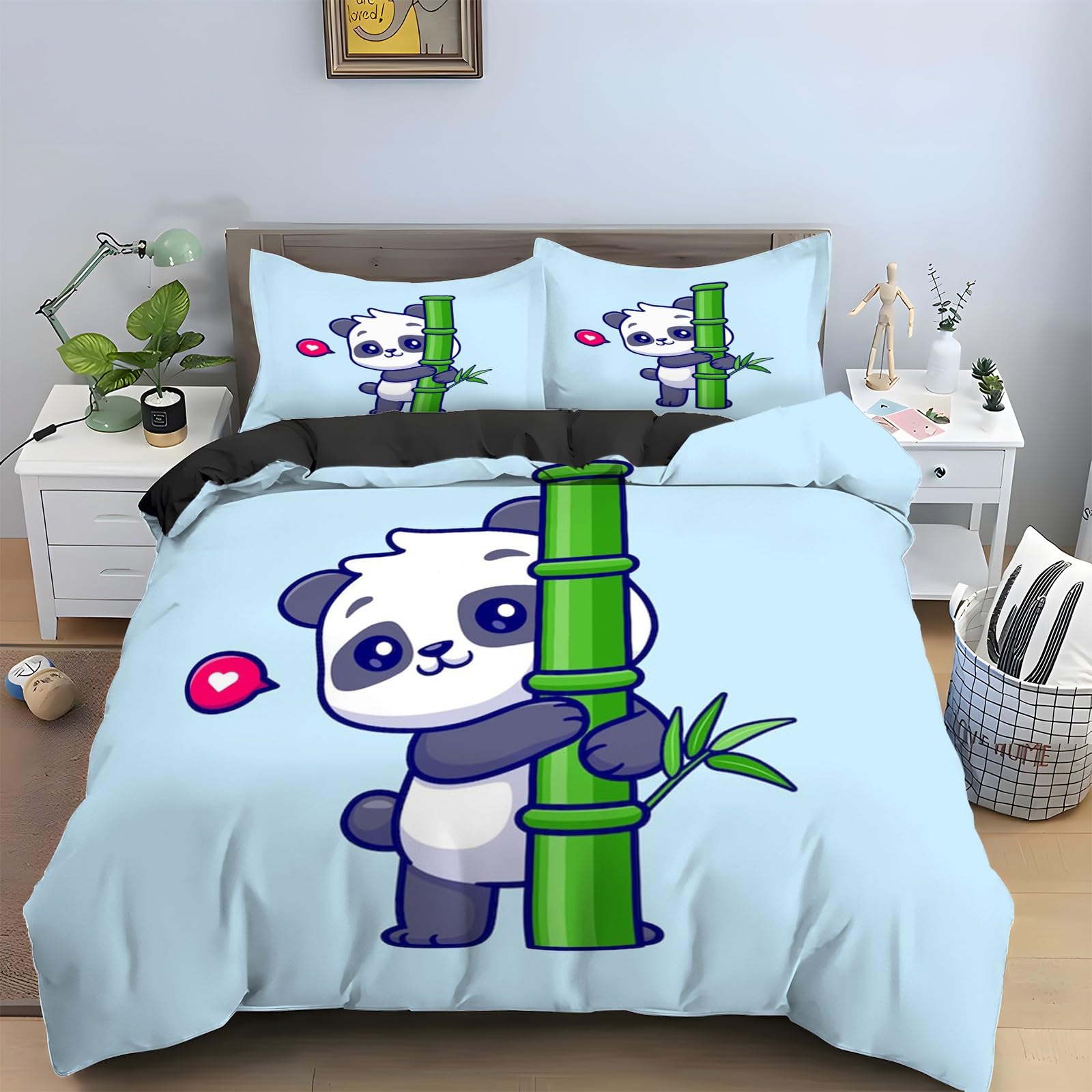 Chińska pościel panda 220 x 240 cm, pościel dwustronna i dekoracja pokoju, miękka mikrofibra, zestaw 2-częściowy, 2 poszewki na poduszkę 80 x 80 cm, z zamkiem błyskawicznym