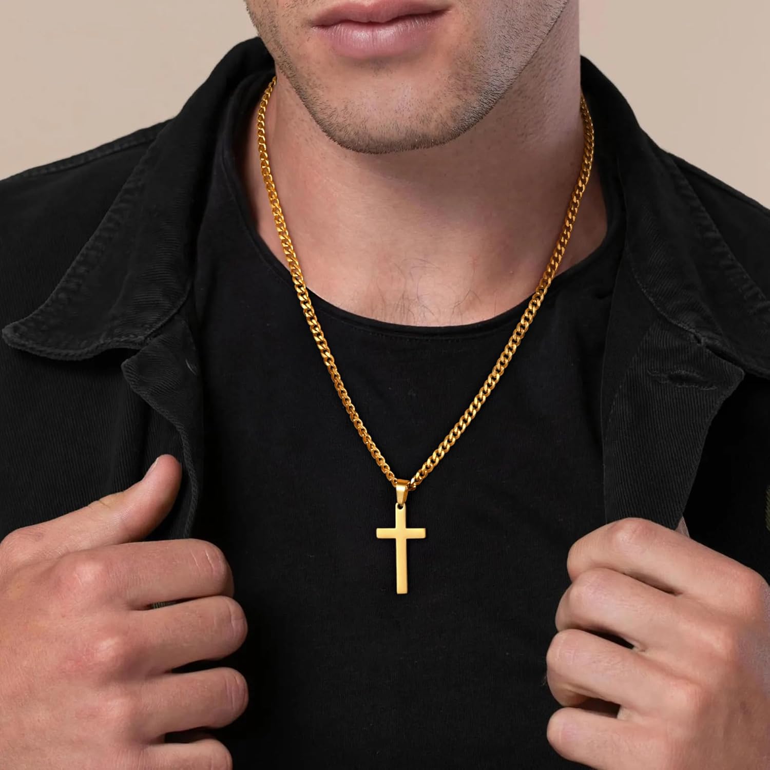 LUXEJEW Cross Necklace for Men Boys - Silver/Gold/Black Stainless Steel Cross Pendant Necklace Cuban Link Chain 16-24 Inches - Image 2