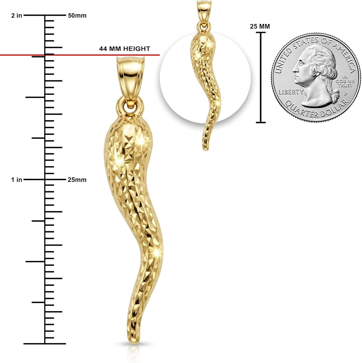 Gold Diamond Cut Italian Horn Pendant - 10 Karat Solid Gold - Dangle Charm - Cornicello Charm Pendant