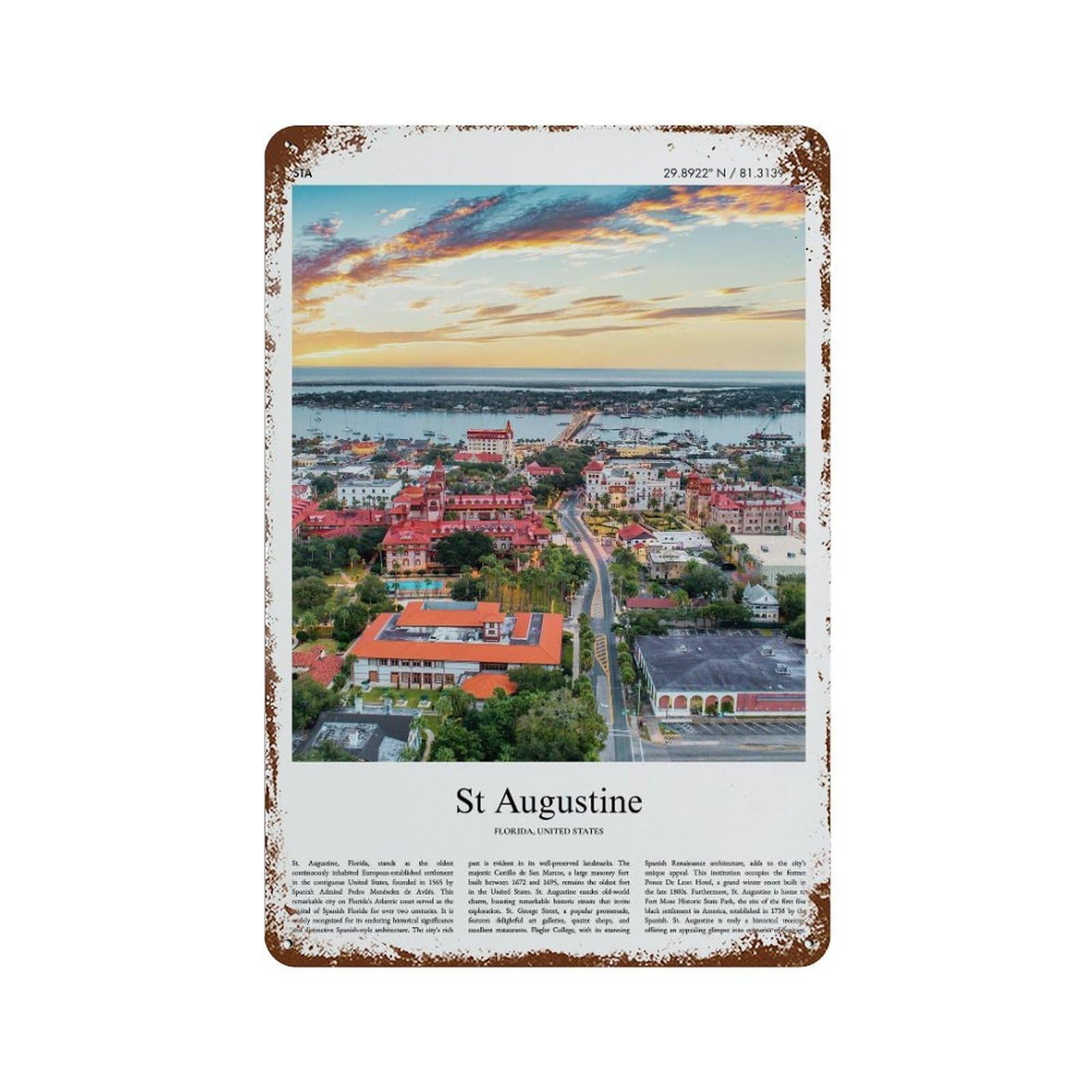 xiaoxiaoshen St Augustine Florida, United States, USA City Scenery Wall Decor Art Metal Tin Poster Modern Home Decor Art Home Bar Shop Decorations Vintage Sign 30x20cm