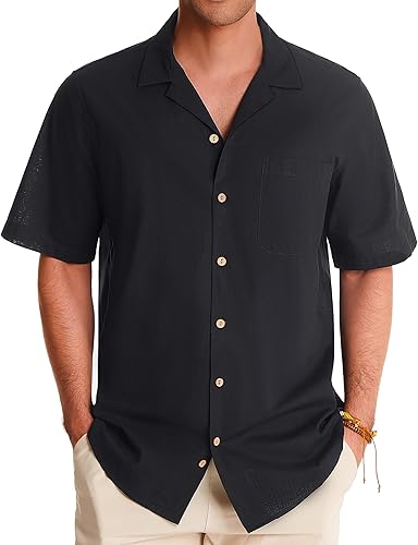 Alimens & Gentle - Camisas de lino estilo cubano para hombre, camisa de manga corta con botones, camisa de algodón para verano, playa, campamento,