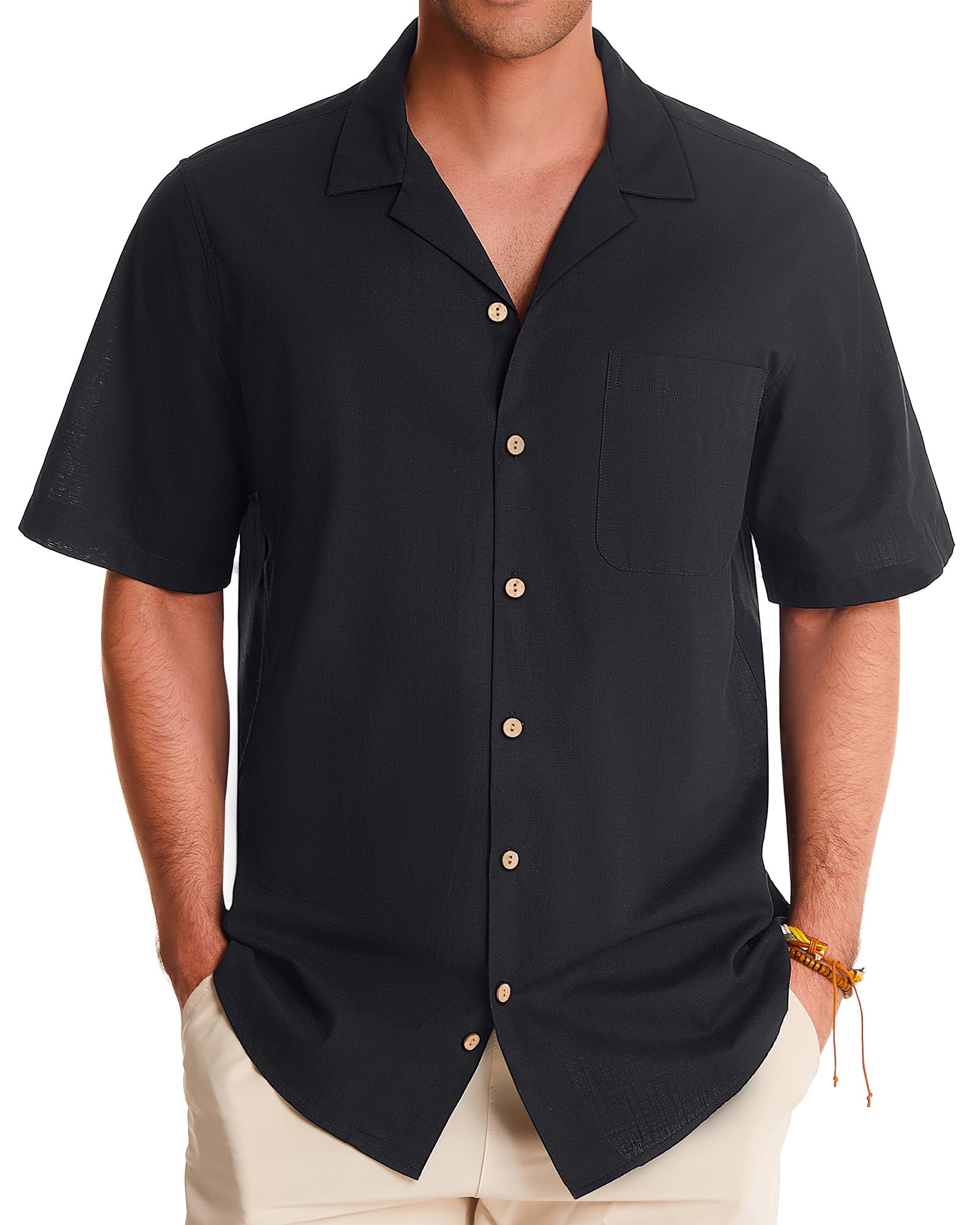 Alimens & Gentle Mens Linen Shirts Cotton Hawaiian Shirts Short Sleeve Button Down Shirts Casual Summer Beach Tops X-Large Black