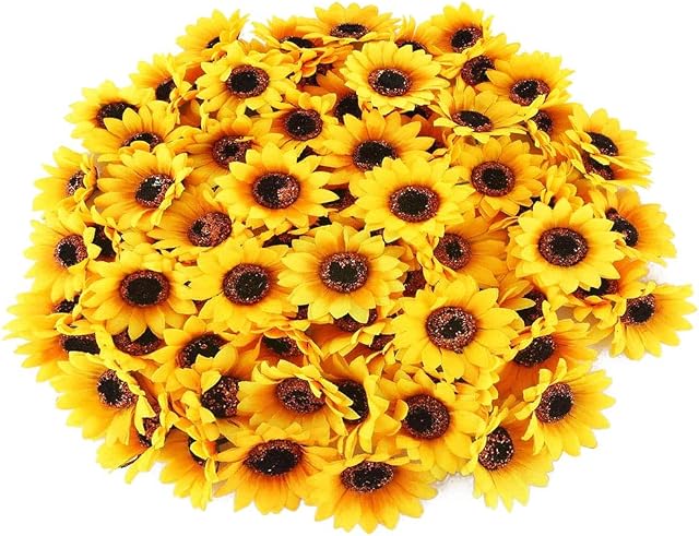 XHXSTORE Sunflower Heads 100Pcs Mini Silk Sunflower Artificial Fake Sunflower Heads Faux Floral Yellow Gerber Daisies Craft for DIY Wedding Home Kitchen Autumn Party Decor