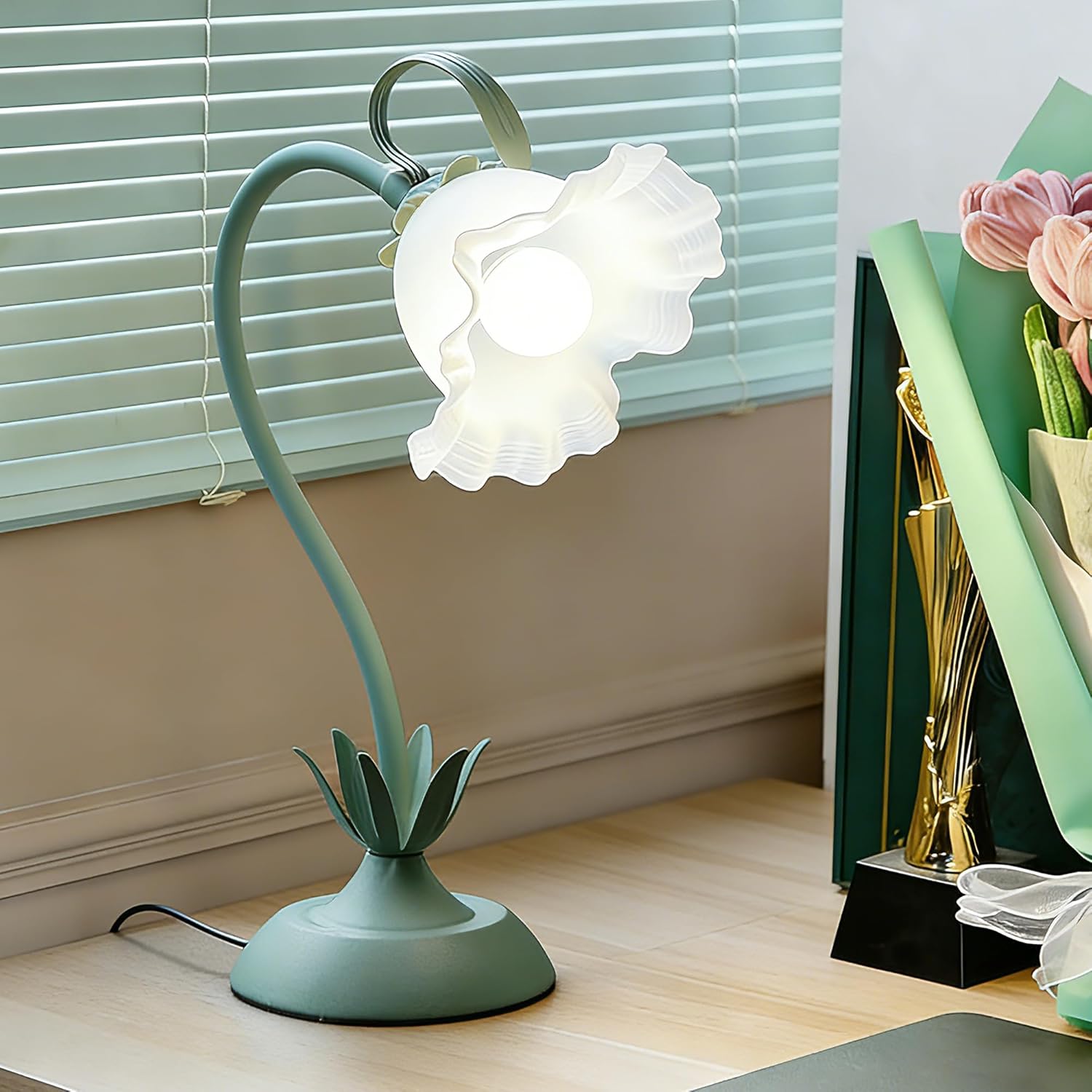 Flower Table Lamp,Cute Small Desk Lamp,Led Reading Light with 3 Color Temperature,Vintage Bedside Lamps with Flexible Gooseneck,Dimmable Night Light for Bedroom Living Room Dorm Office(Green)