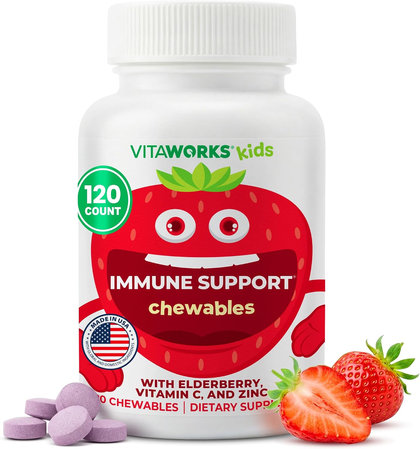 VitaWorks Kids Immune Support Chewable Tablets, Mixed Berry, 120 Count