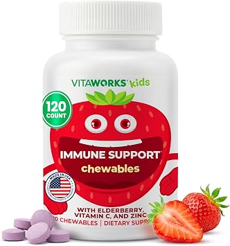 VitaWorks Kids Immune Support Chewable Tablets with Elderberry Vitamin C and Zinc, Mixed Berry Flavored, Vegan Supplements, Gluten Free, Non-GMO, 120 Chewable