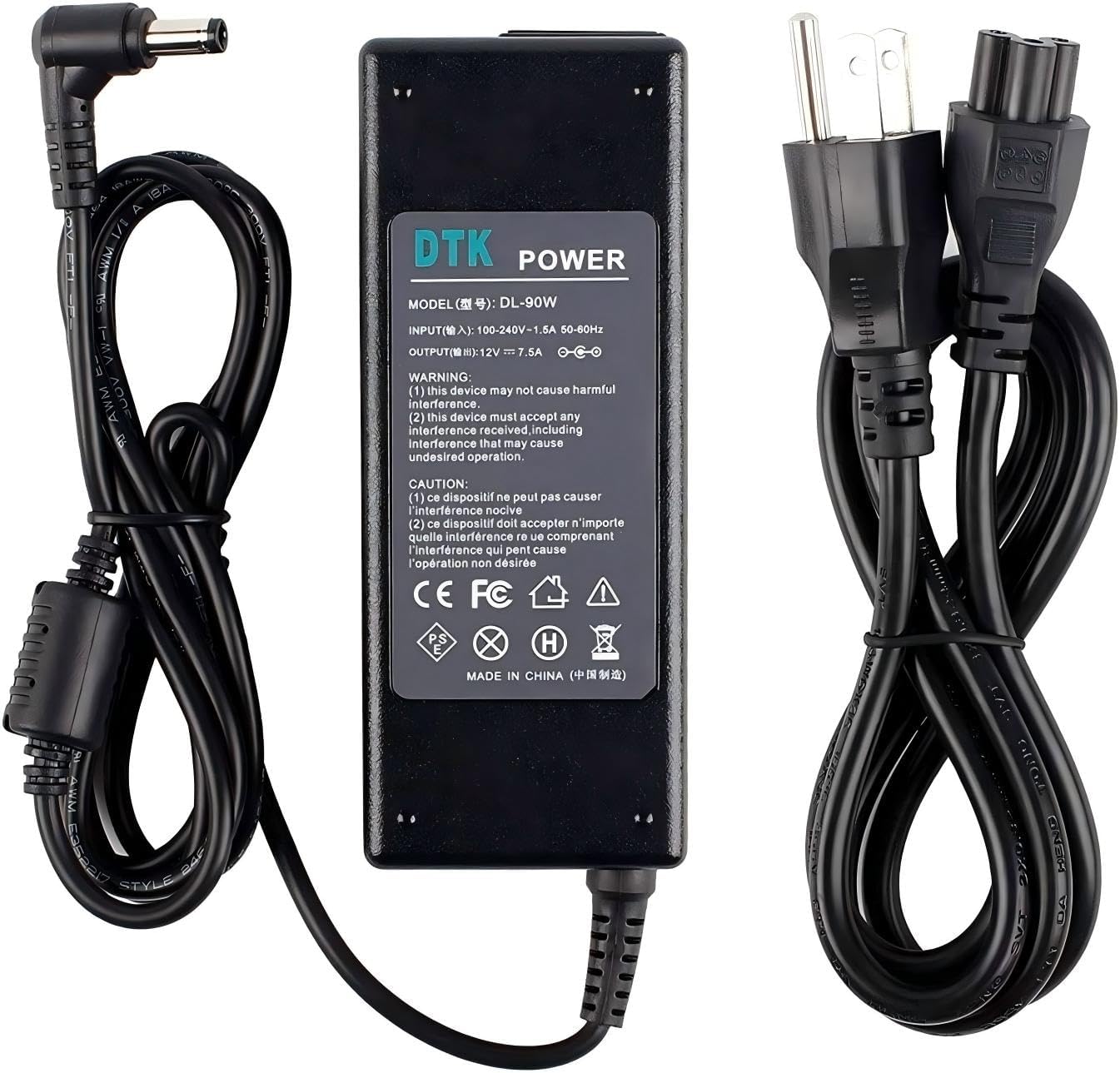 DTK 12V 7.5A 90W AC Adapter Charger Supply Power for LCD TFT Monitors, TVs, DVDTVs, and Other Equipments Power Cord Connector Size: 5.5mm X 2.5mm
