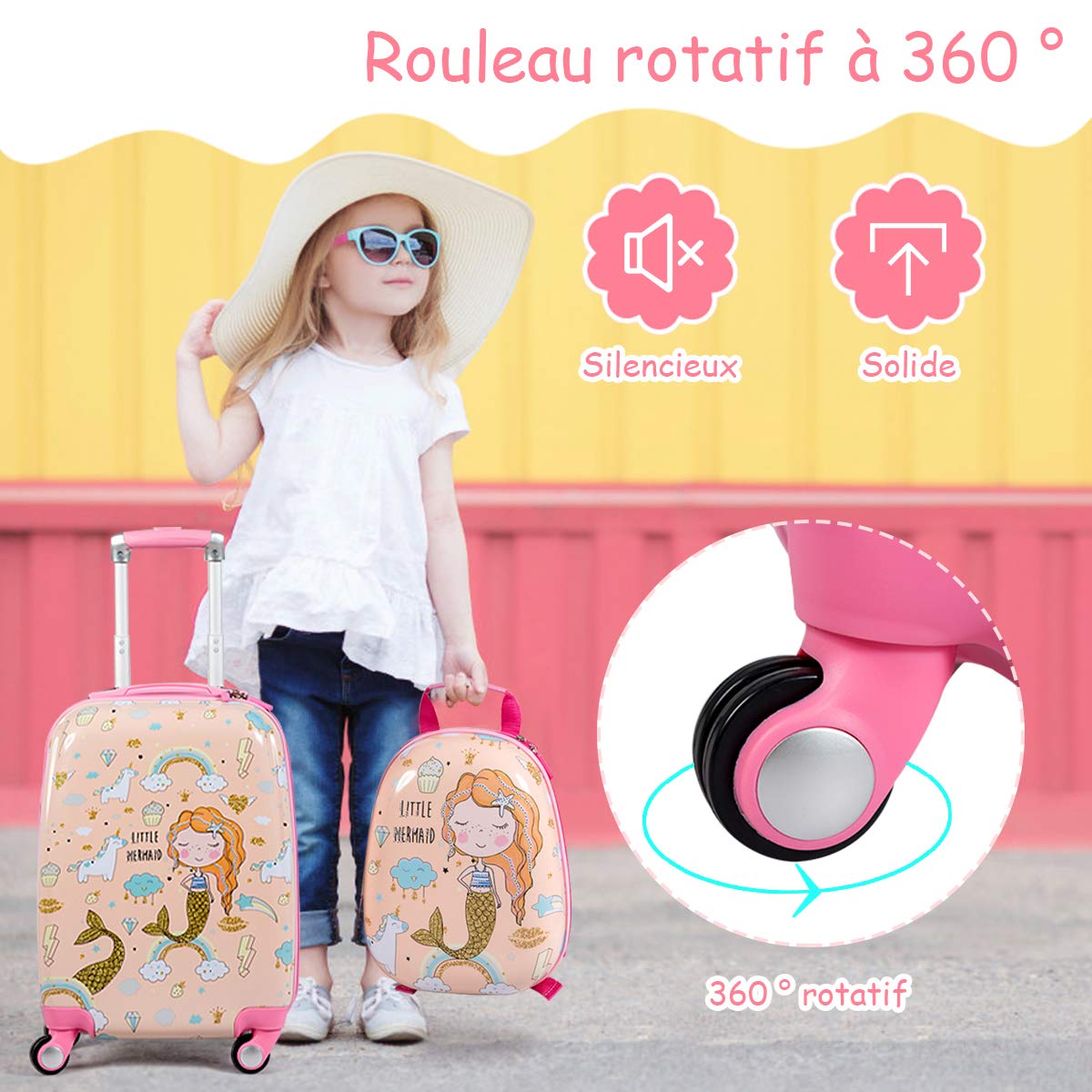 DREAMADE Valise Roulette Enfant 18" et Sac à Dos 12" avec Poignée Réglable Bagage Cabine Enfant 3+Ans avec Roues Pivotante 360° Bagage à Main Fille et Garçon Charge 50KG+8KG (Sirène)