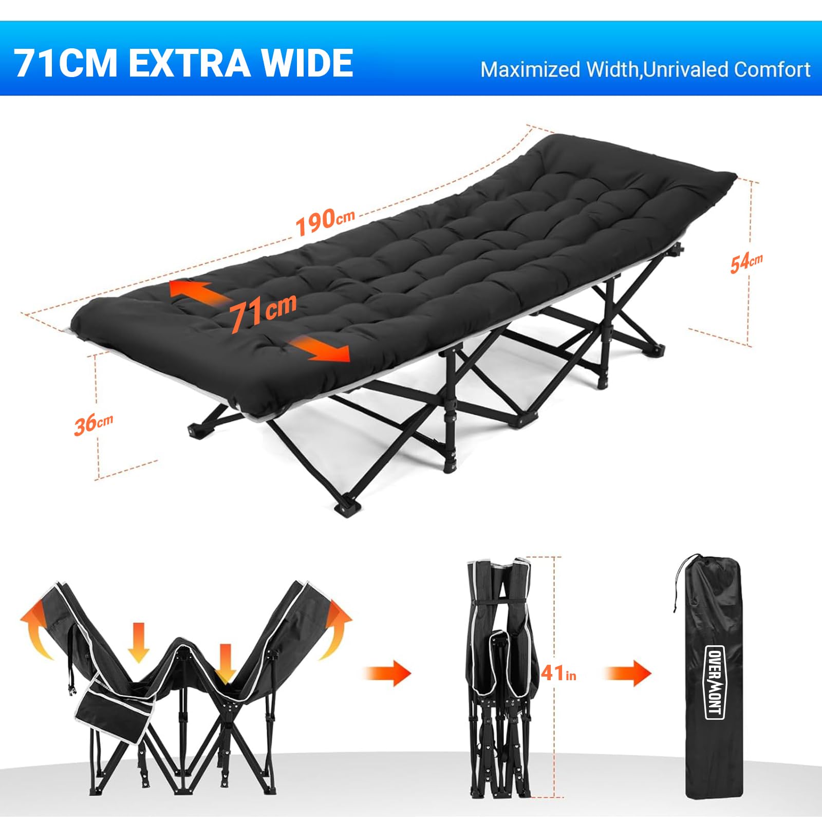 OVERMONT Lettino da Campeggio Brandina Pieghevole - Letto Pieghevole Portatile Singolo con Materasso - XL Caricabile Fino 250 kg - con Tasca Laterale per Esterni Viaggi Spiaggia Giardino Ufficio