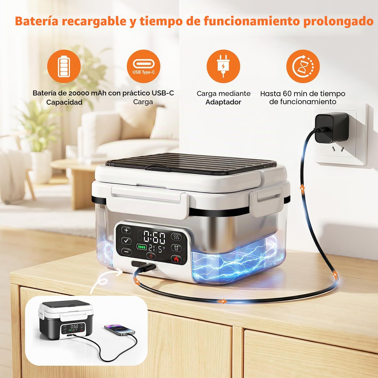 Fiambrera Eléctrica con Batería, 1,5L Taper Eléctrico para Comida Portátil, Tupper Calentador para Comida con 6 Modos de Calentamiento & Temporizador 24H, caja de almuerzo con calefacción programable