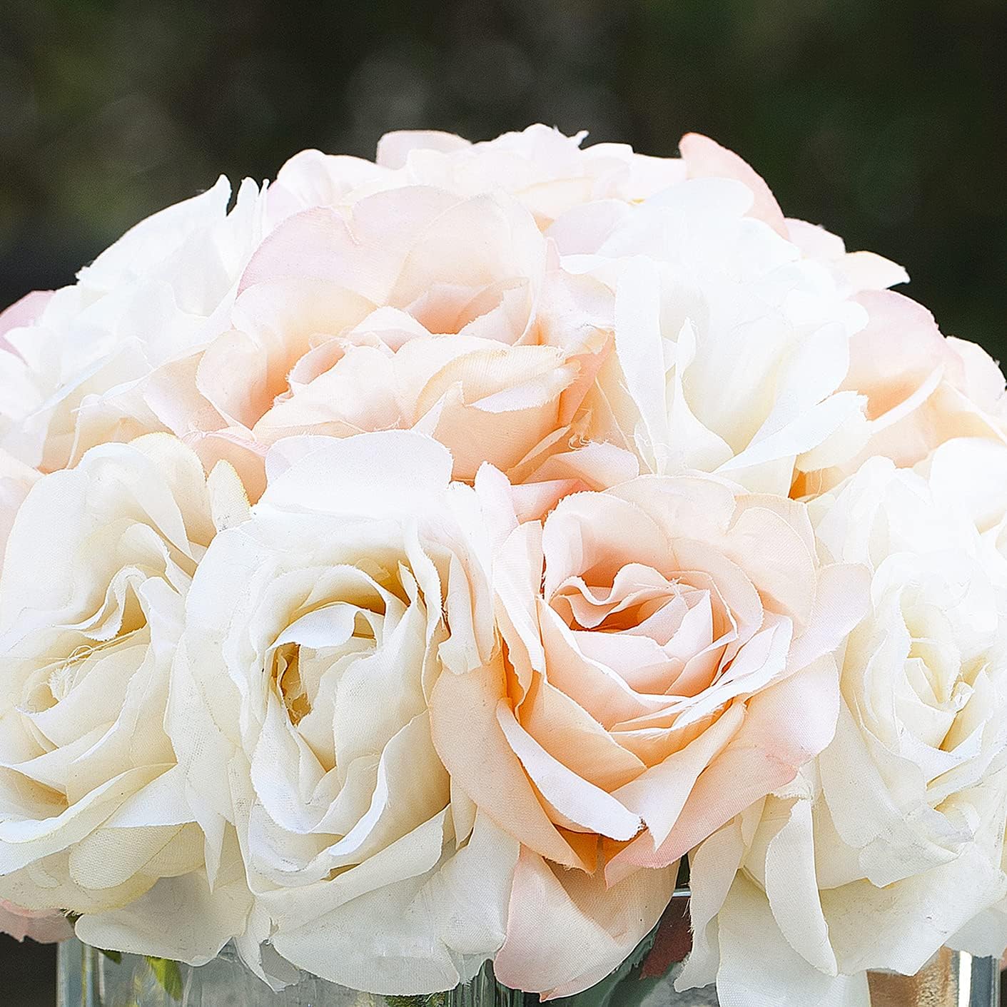 Enova Floral 18 Pieces Artificial Silk Roses Fake Flower Arrangement in Cube Glass Vase with Faux Water for Home Office Wedding Decoration (Cream Beige)