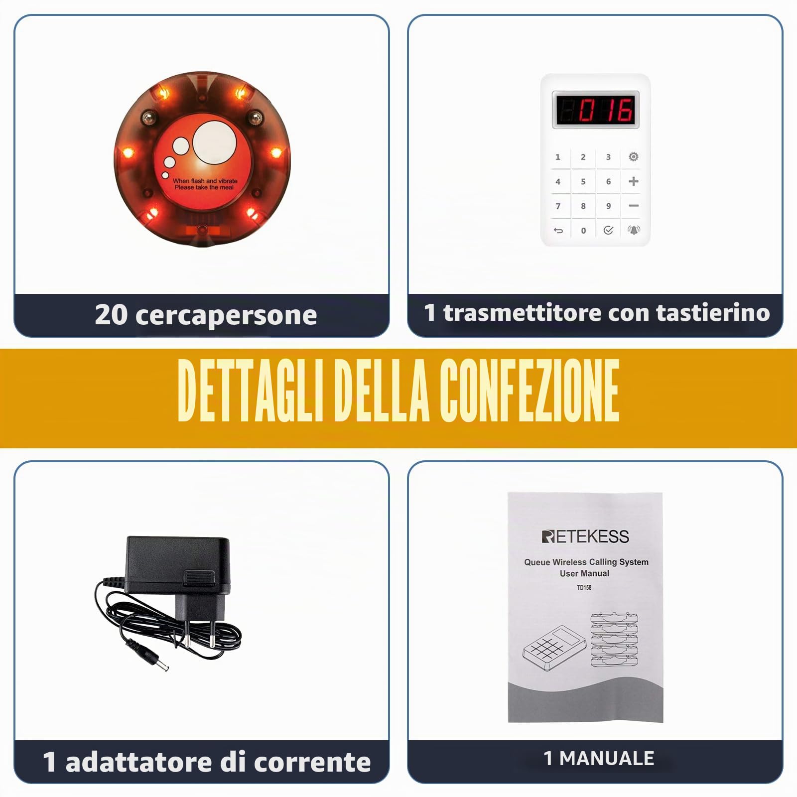 Retekess TD158 Cercapersone Ristorante Wireless, 500M Pager Ristorante, Tubo Numerico a LED, 998 Canali, Cercapersone per Ristorante, Hotel, Scuola (1 Host di Trasmittente + 20 Cercapersone)