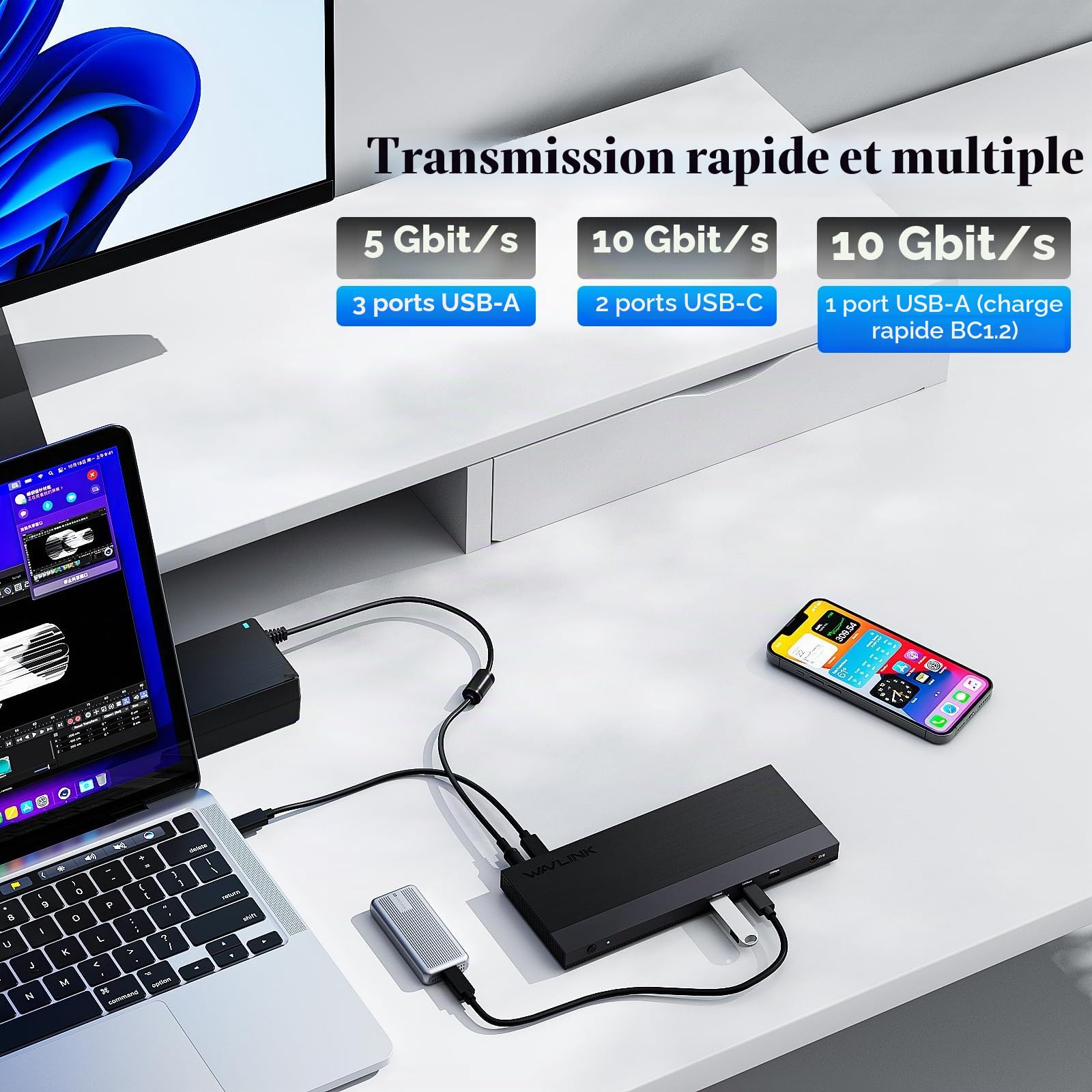 Station d'accueil USB-C WAVLINK 12-en-1, Alimentation 100 W, 2DP+HDMI, 4 Ports USB-A, 2 Ports USB-C Gigabit Ethernet 10 Gbps, Station d'accueil pour Ordinateur Portable avec Triple Affichage