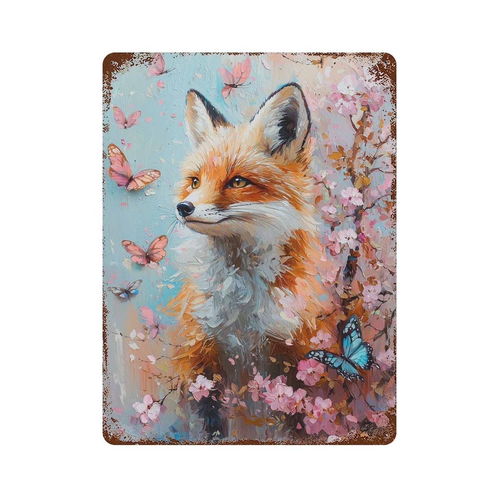 Garage Style Fox in Blossom Garden Decorative Tin Sign 15.7"x11.8", Novelty Wall Decor for Bar And Workshop