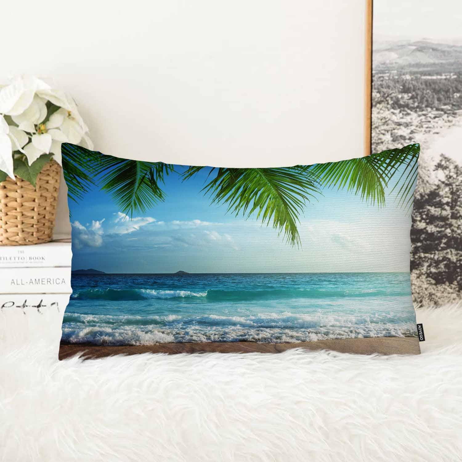 Aoyego Sunset Beach Pillow Case Tropical Palm Tree Blue Sky 
