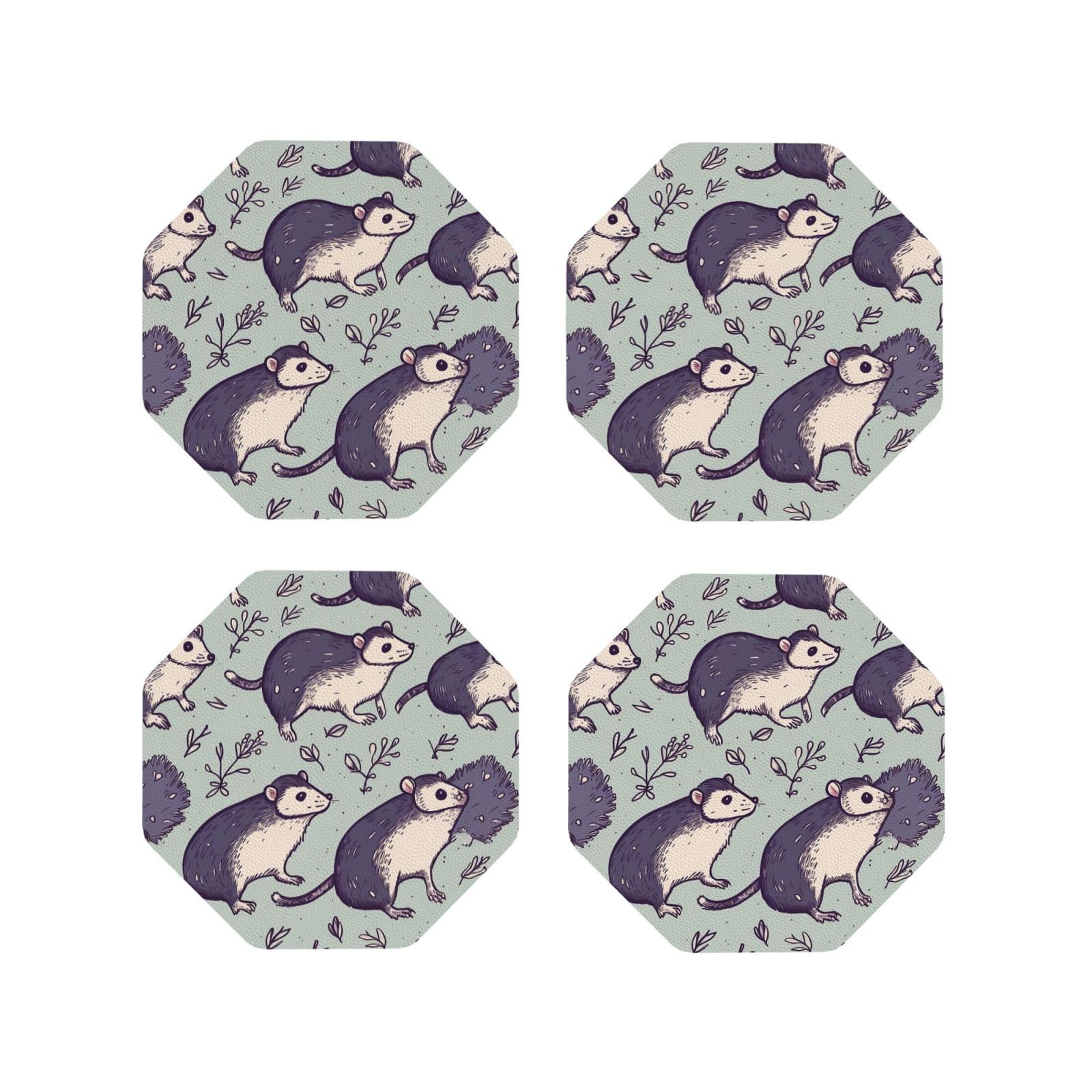 4Pcs PU Leather Coaster for Drinks, Opossum Cup Coastersr 4" Cup Mat Pad, Aesthetic Drink Coasters for Coffee Table, Octagon Coaster for Tabletop Protection
