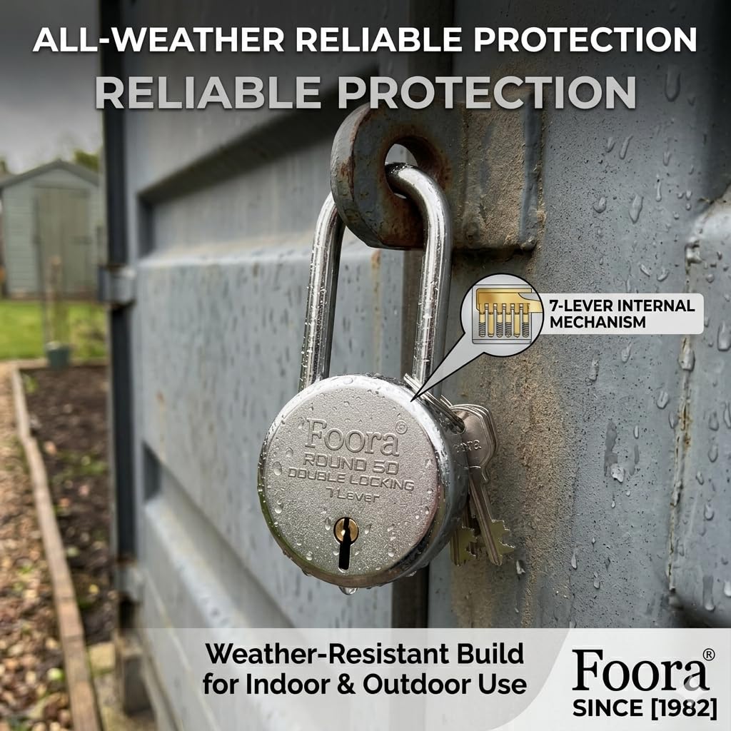 Foora Round 50Mm Keypad Lock | Long Shackle | Home Metal Body | Double Locking | 7 Steel Lever | 10 Silver Keys with Keychain | Silver Finsih | Made in India | Export in USA | Canada 3