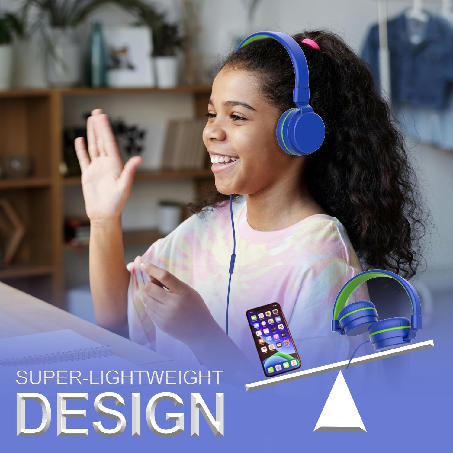 Kids Headphones,On-Ear Wired Headphones for Kids with Mic,85/94dB Volume Limiter Headphone for Girls Boys Children,3.5mm Wired Cord Foldable Headphone for Learning&Entertainment (Blue) thumbnail