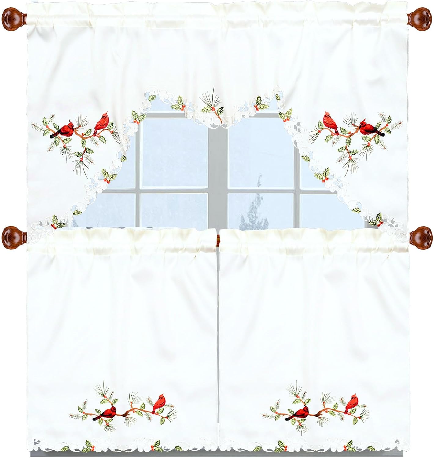 Simhomsen Embroidered Rod Pocket Christmas Holiday Kitchen Window Curtain Swag and Tiers Set (Cardinal)