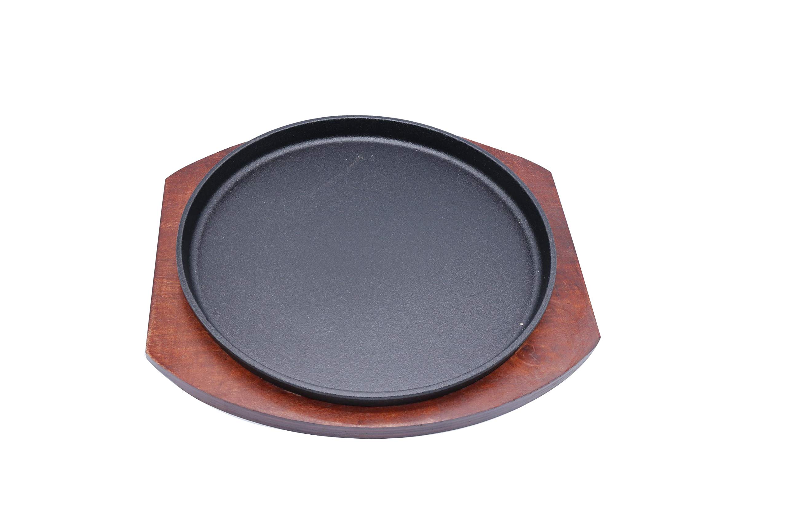 GRACE CAST IRON 32CM ROUND SHAPE SIZZLER PLATE WITH WOODEN BASE AND HANDLE