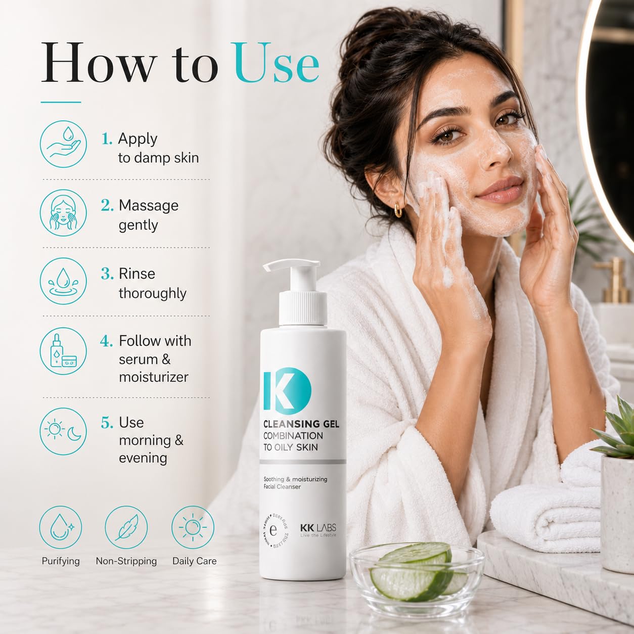 KK Labs Cleansing Gel for Combination to Oily Skin 150ml - Daily Face Wash That Removes Excess Oil, Dirt and Makeup for a Fresh, Clean, Shine-Controlled Complexion, Men and Women