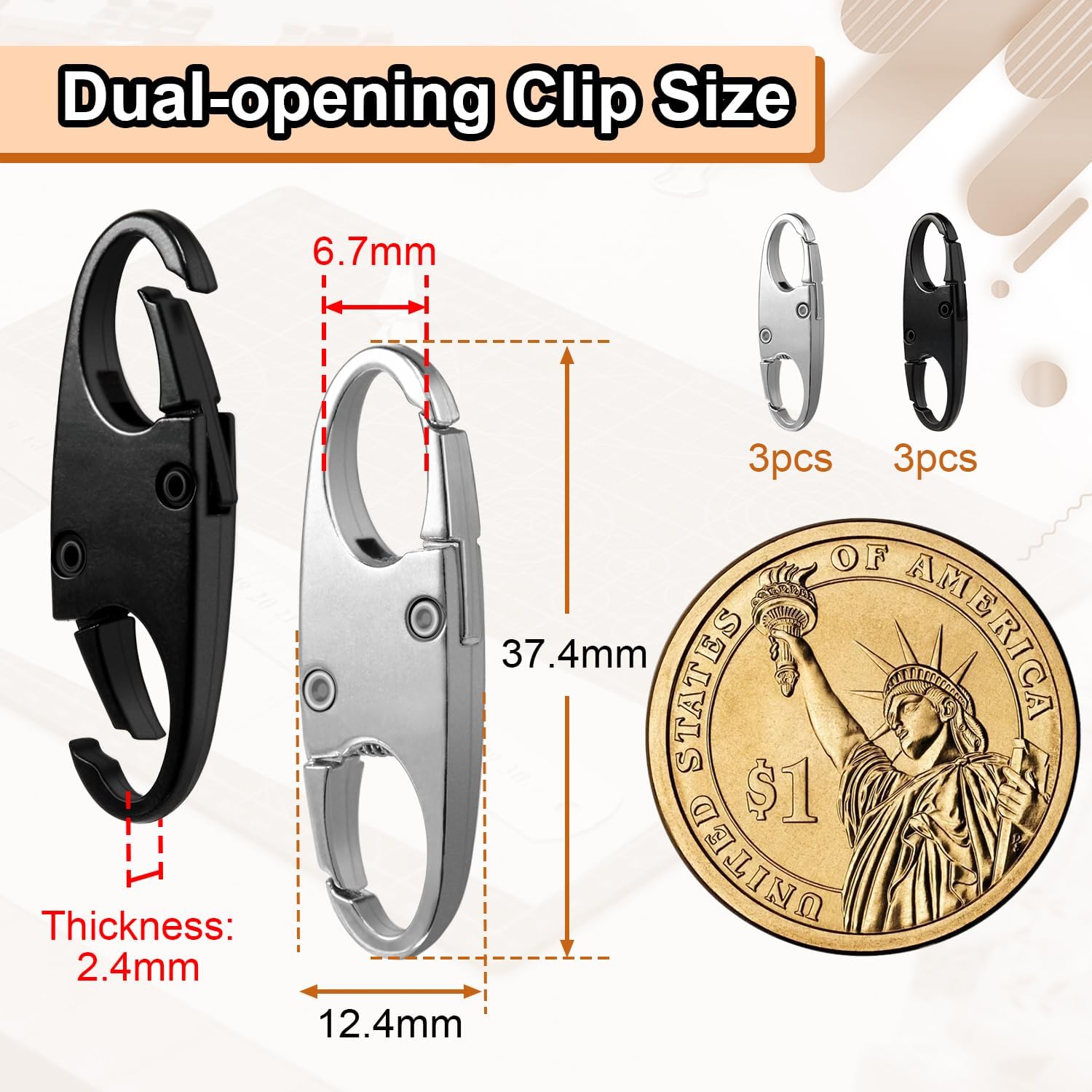 6Pcs Double Opening Lock Zipper Pull Replacement Clips, Small Carabiner Clips, Zipper Locks Anti Theft Deterrent for Bag Luggage Pickpocket Backpack Purse Travel Suitcase (Silver & Black) image 2