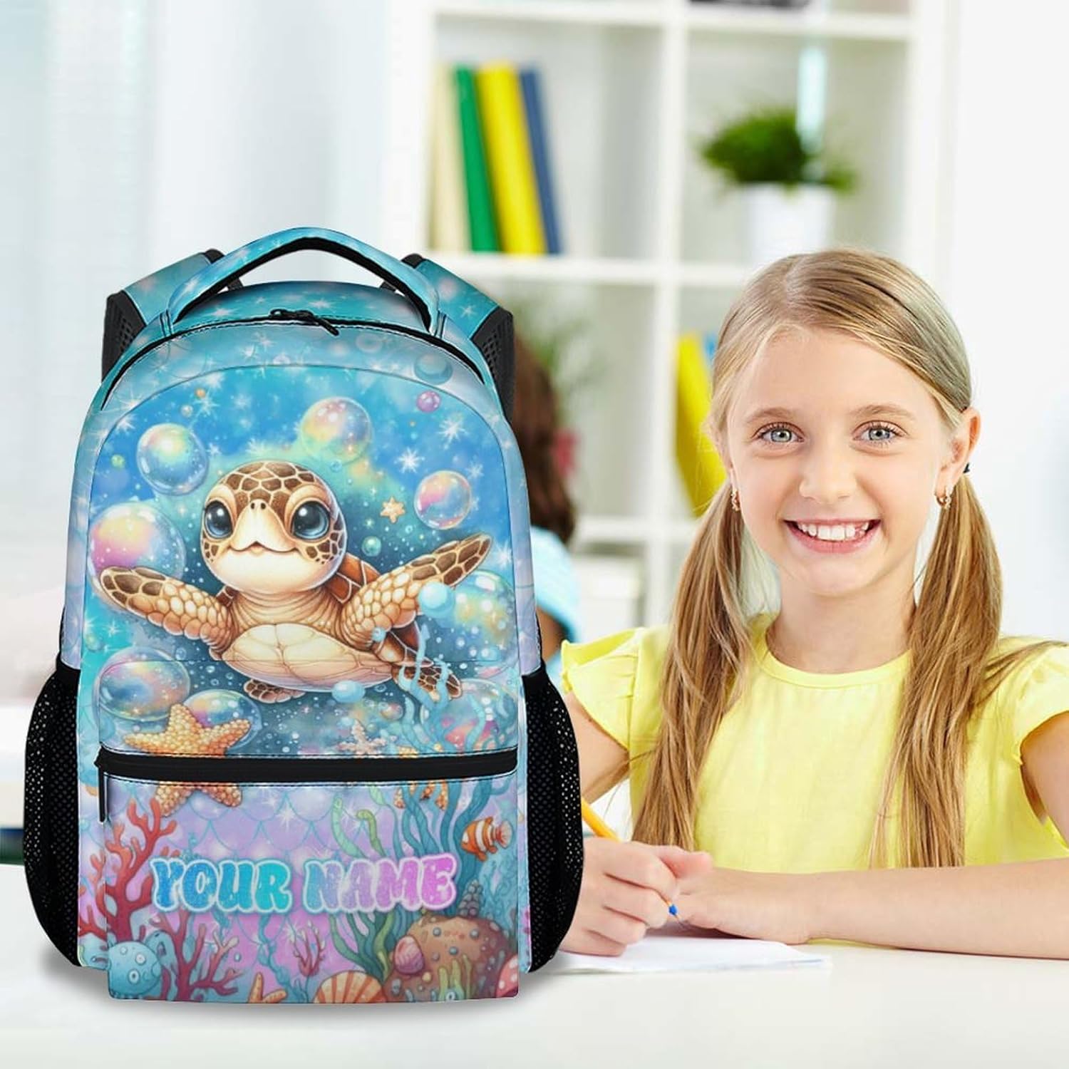 Custom Sea Turtle Backpacks for Girls - 17 Inch Kids Elementary School Backpacks - Cute Lightweight Students Bookbag with Adjustable Strap Gifts - Image 4
