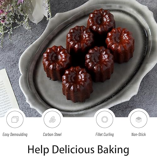 Miniatura 3 de Paquete de 2 moldes de canele de 6 cavidades, molde para pasteles de canele de 1.8 pulgadas, bandeja antiadherente para hornear, canele de acero al