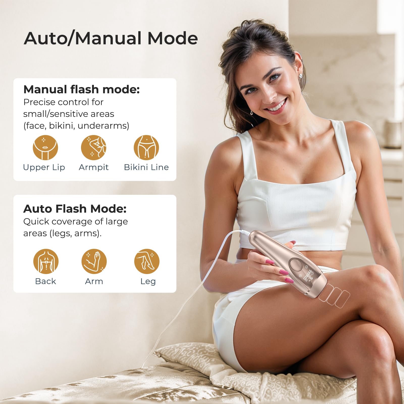 21J IPL Depiladora Laser Indolora con Función De Refrigeración, Depiladora Luz Pulsada 9 Niveles de Energía, Maquina Laser Depilacion Casa para Rostro, Bikini y Cuerpo, Dorado Champagne Gold