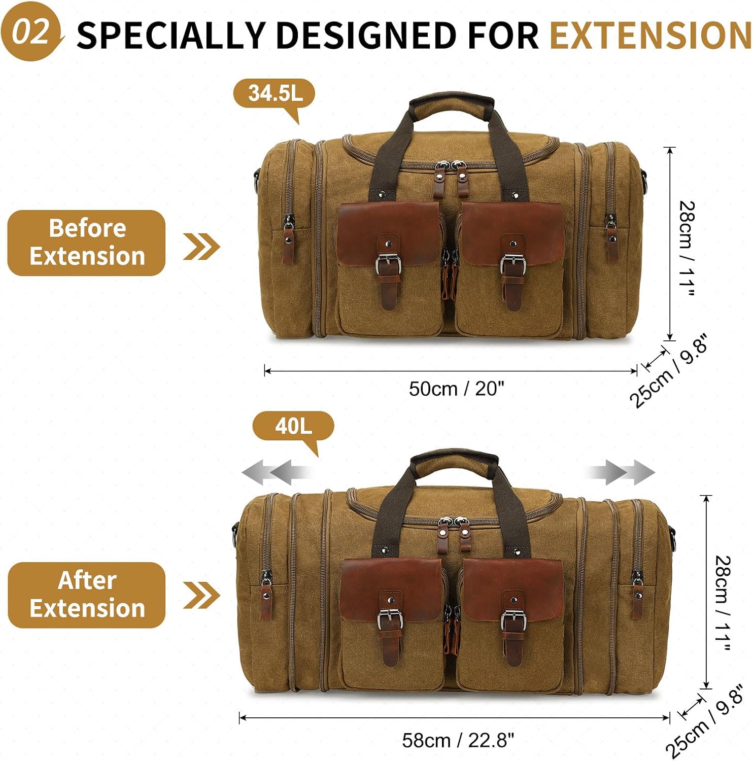 Canvas Duffle Bag with Genuine Leather Accents, Expandable 20-23 Inch Travel Weekender, Multiple Pockets, Coffee - Image 3