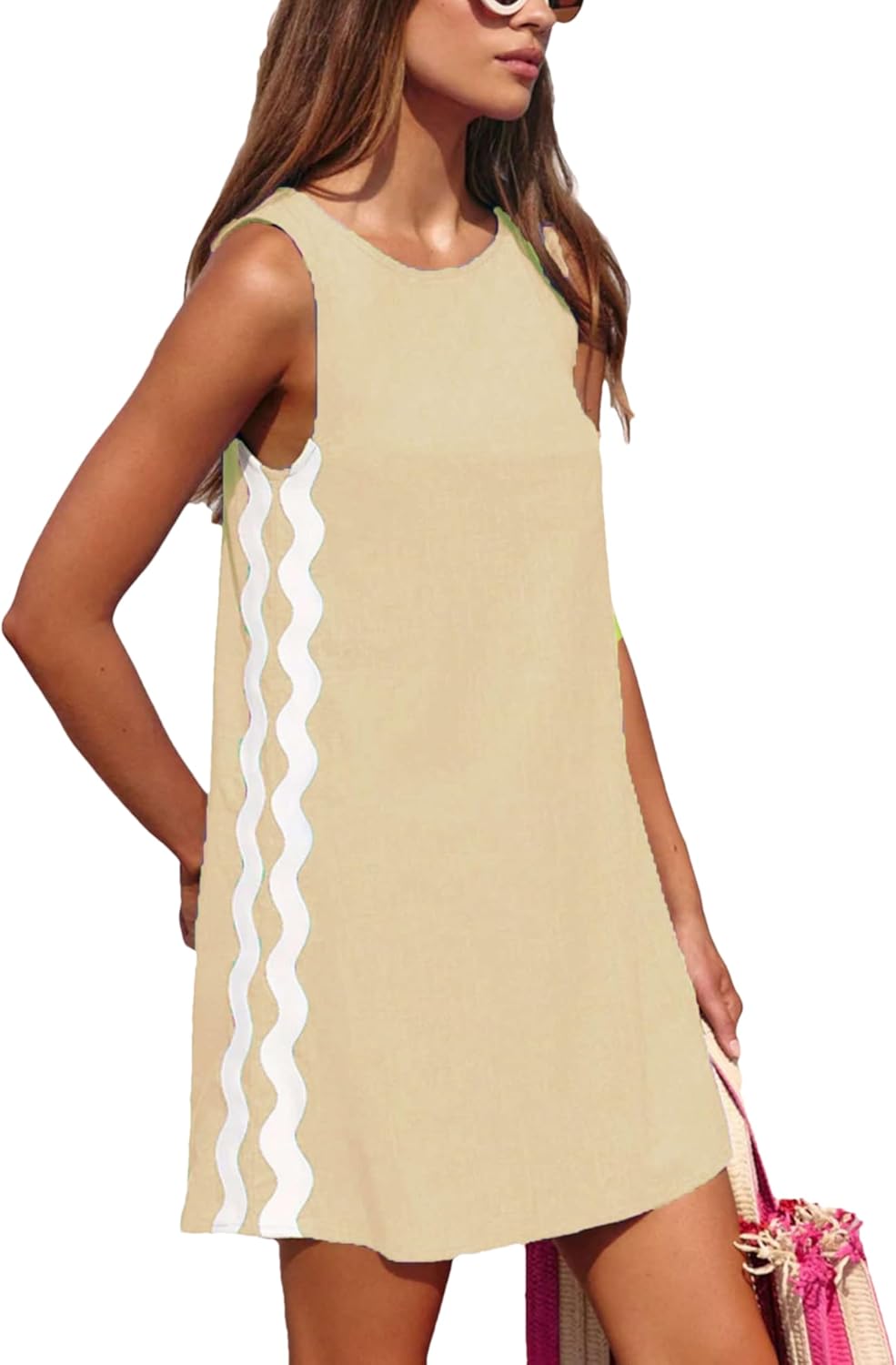 Korebow Summer Dresses for Women Sleeveless Short Beach Dress Casual Crewneck Bohemian Mini Sundress