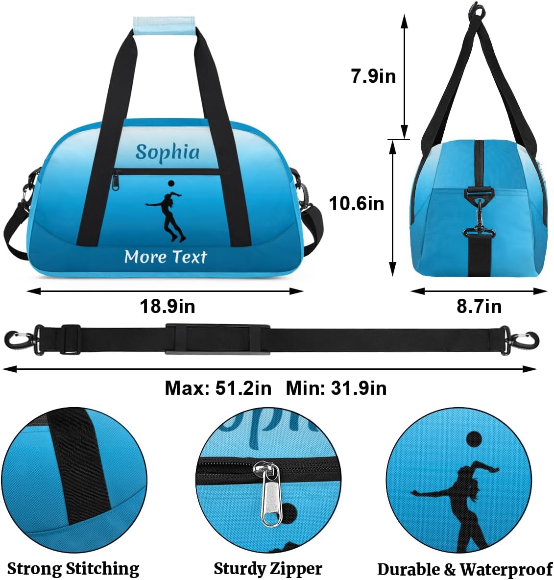 Custom Sport Duffel Bag for Girls, Personalized Kids Gym Bag, Overnight Weekender Bags for Teens, Travel Duffle Bag for Girls, Blue Volleyball