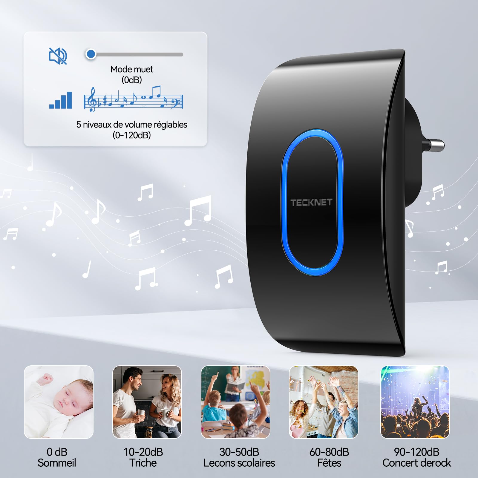 TECKNET Sonnette sans Fil Exterieur Etanche avec 2 Récepteurs, Portée de 400M, IP65 Etanche Carillon, 60 Mélodies et 5 Niveaux Volume, Indicateur LED Bleu, pour Maison, Hôtel -Noir