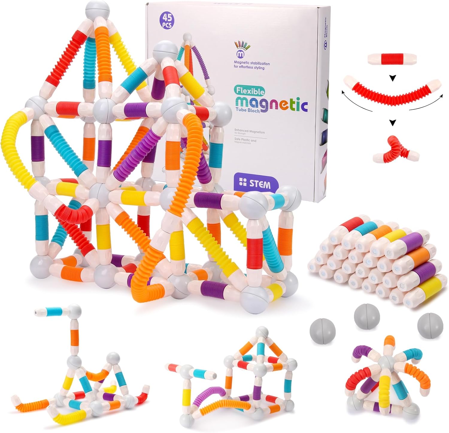 Extendable Magnet Toys Montessori Toys STEM Magnetic Building Blocks 45PCS Education Building Block Set Christmas Birthday Gifts