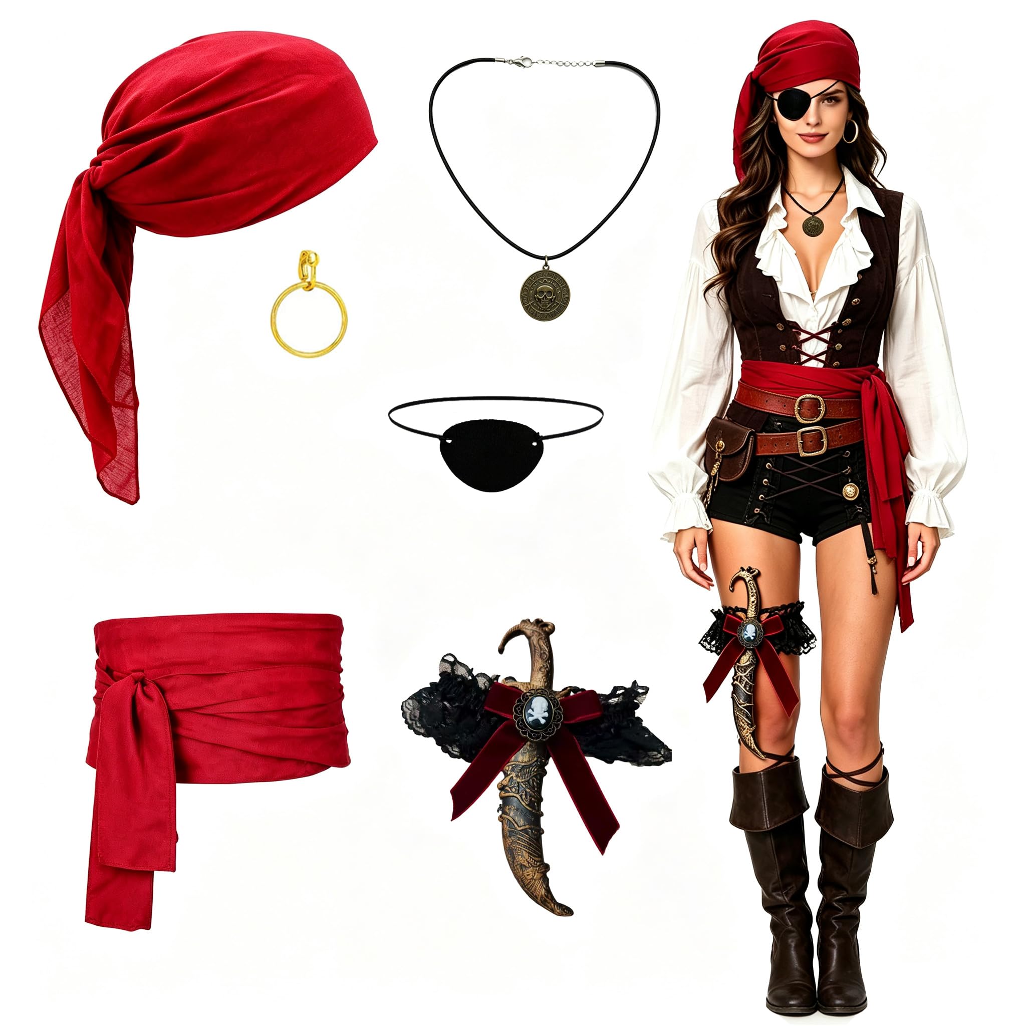 Pirate Costume Women, 6PCS Pirate Accessories for Ladies with Pirates Hat, Belt, Eye Patch, Sword Leg Band, Adults Fancy Bandana & Corset for Halloween, Solid Red Female Outfits for Role Play Party — image 1