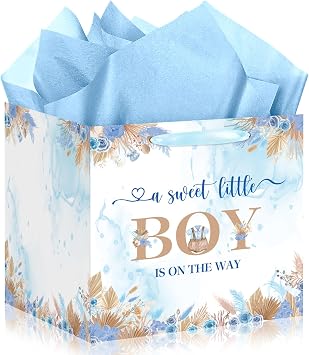 Woosytoo Sweet Baby Boy Gift Bag, Extra Large Baby Shower Square Gift Bags Blue Floral Jumbo Gifts Bag A Sweet Little Boy is on The Way Wrapping Paper Bag for Newborn Gender Reveal Party Favors