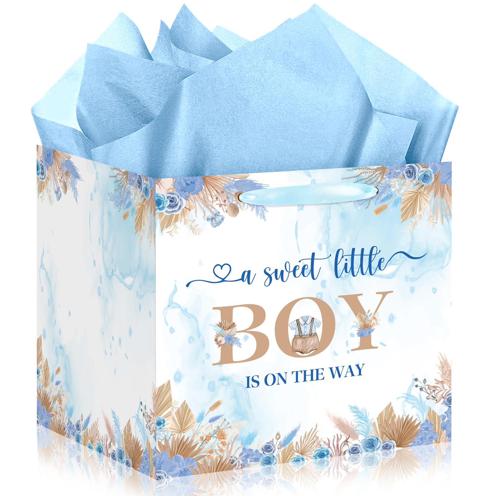 Woosytoo Sweet Baby Boy Gift Bag, Extra Large Baby Shower Square Gift Bags Blue Floral Jumbo Gifts Bag A Sweet Little Boy is on The Way Wrapping Paper