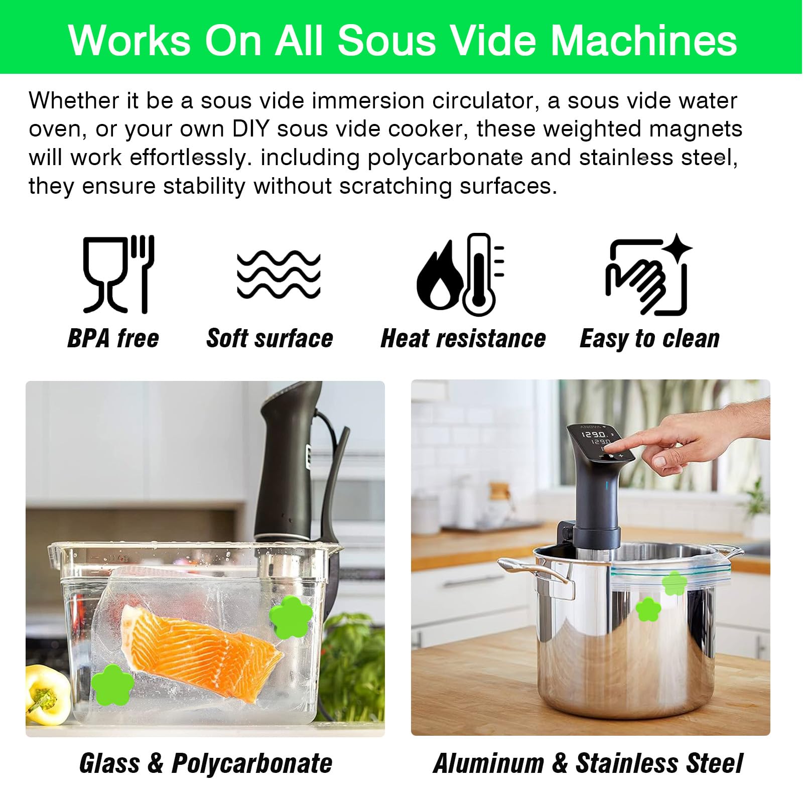 MOMOMA Sous Vide Magnets 12Pcs (6 Orange&6 Green)–Food-Grade Silicone Coated Weights, Keep Bags Submerged, Multi-Use for Cooking, Display, Home&Office,Magnetic Weights Works on All Sous Vide Machines