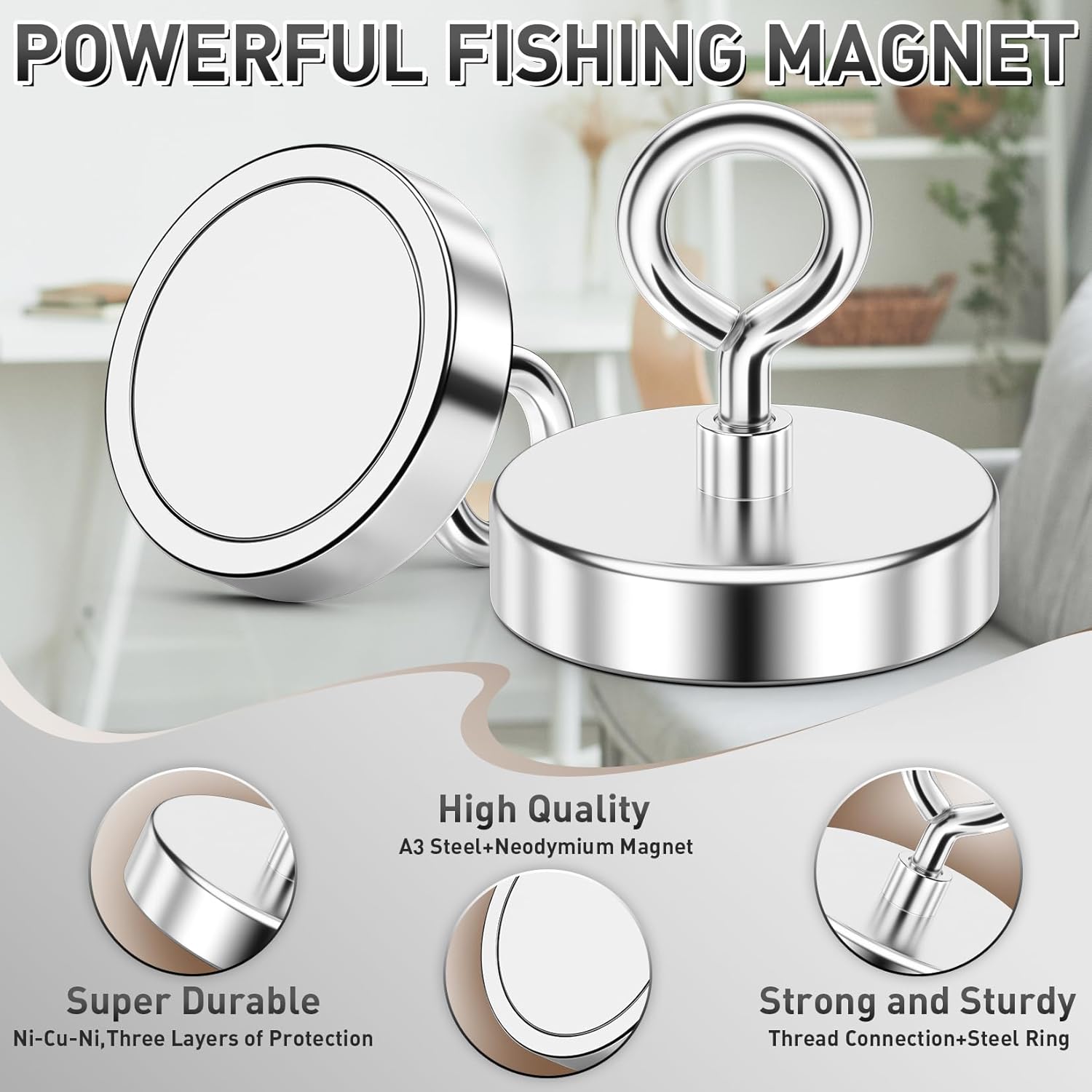 FINDMAG 2.95" Fishing Magnets, 750 LBS Pulling Force Neodymium Rare Earth Magnet with Lifting Eye-Bolt, Super Strong Round Magnet Heavy Duty for Retrieving Items in Lake, Beach, Lawn and New House