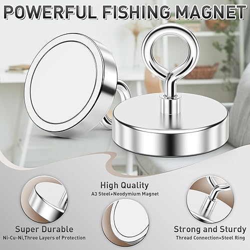 Miniatura 39 de FINDMAG Imán de pesca súper fuerte, fuerza de tracción de 1000 libras, imán de neodimio de tierras raras con ojal de agujero avellanado, imanes
