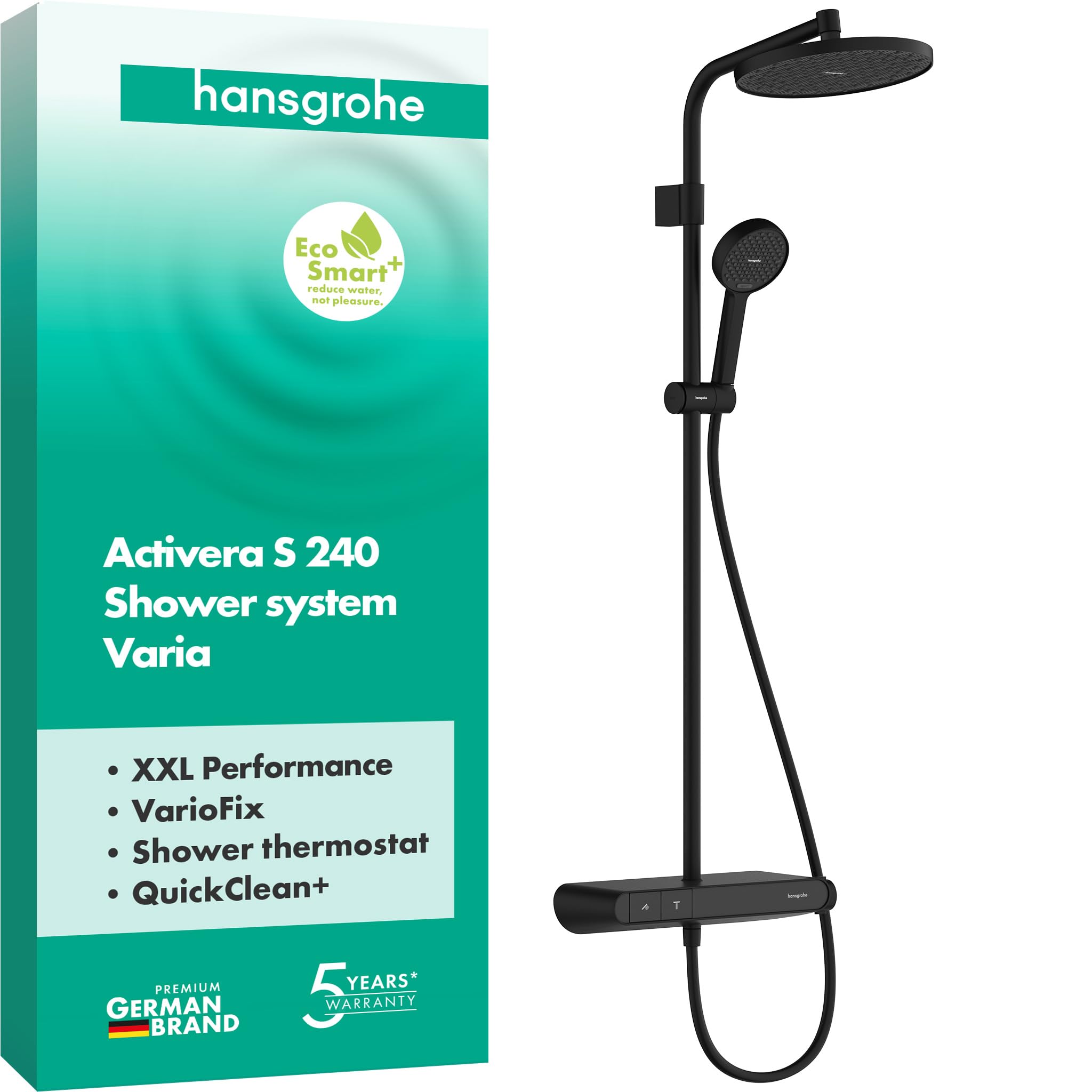 hansgrohe Activera S - sistema de ducha con termostato, max. 6 l/min (EcoSmart), ducha lluvia (240 mm) con grifo, ducha de mano (2 tipos de chorro), flexo, barra, ducha fija, negro mate, 28639670