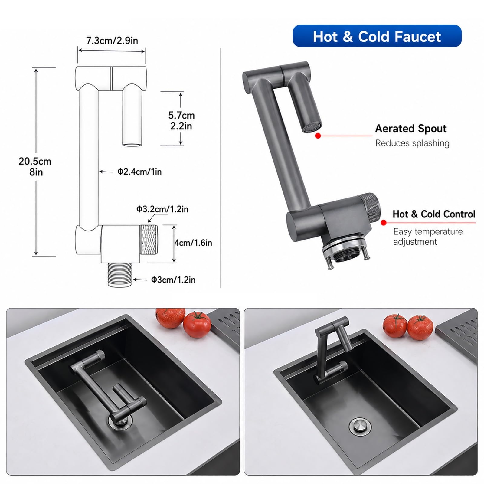Fregadero para Furgoneta Camper con Grifo de Agua Fría y Caliente, Fregadero de Acero Inoxidable con Tapa, Lavabo para Caravana, Barco, Bar o Espacios Reducidos(Black)