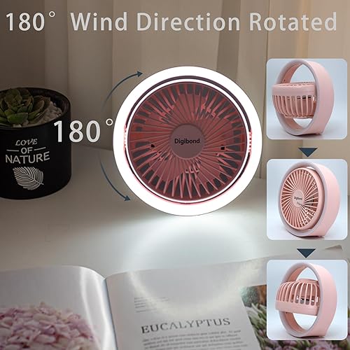 Miniatura 4 de Ventilador de escritorio rosa, pequeño y silencioso con luz ambientalgancho, ventilador USB portátil de 5.3 pulgadas, alta potencia, 3000 mAh,