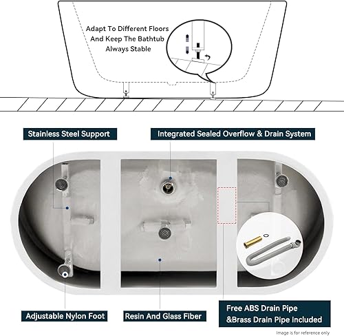 Miniatura 6 de FerdY Bañera independiente de acrílico, bañera ergonómica ligera clásica ovalada con drenaje cromado, desbordamiento ranurado clásico, blanco