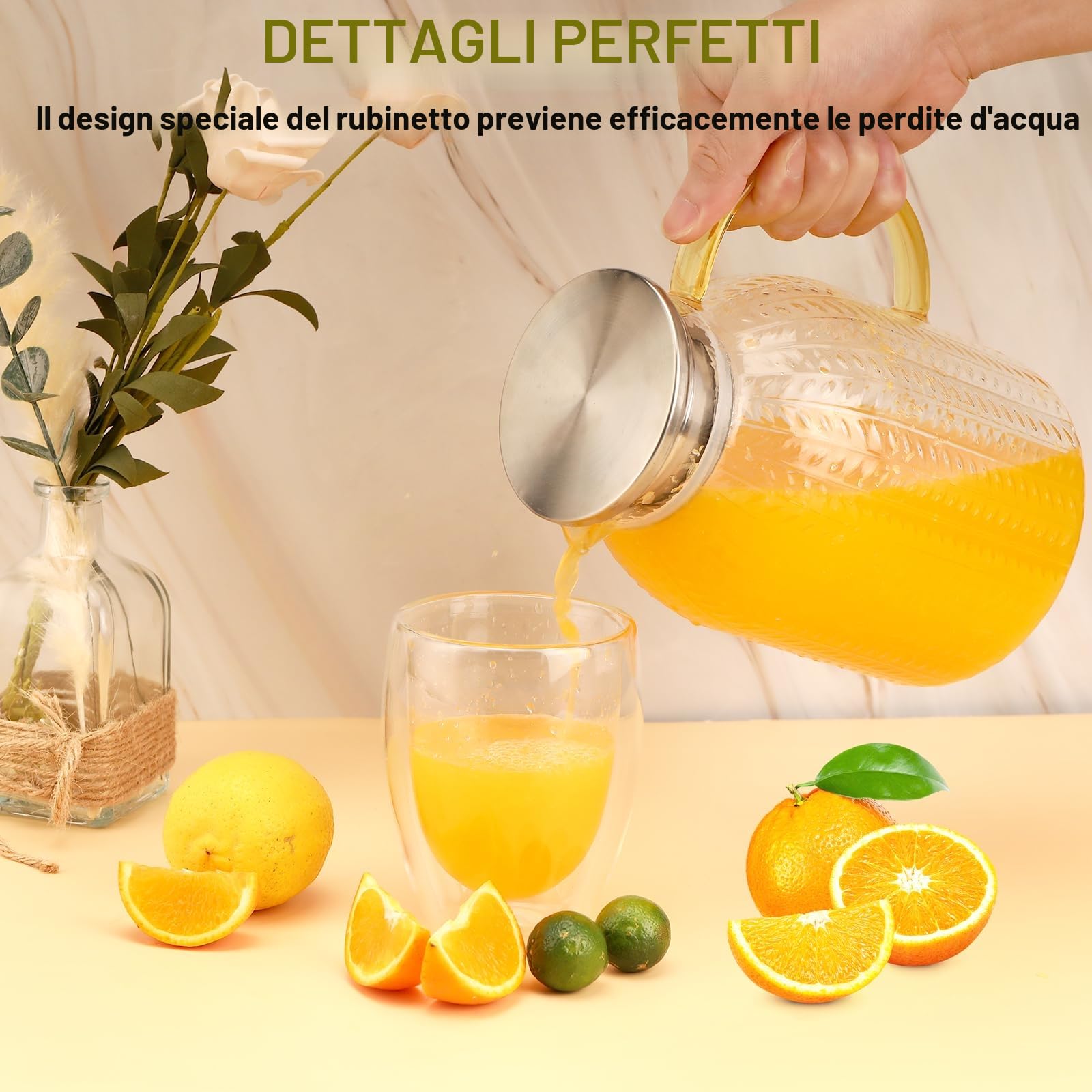 Caraffa in Vetro 2L, Caraffa Vetro con Acciaio inossidabile Coperchio, Trasparente e Resistente Brocca Acqua Vetro, Caraffa Refrigerante per il tè Freddo, Acqua Calda, Fredda, Caffè, Latte, Succo,
