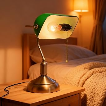 Bankers Lamp, Green Desk Lamp with Pull Chain, 3 Lighting Color Mid Century Glass Bankers Desk Light, Table Lamp with Brass Base for Home Office Library Christmas