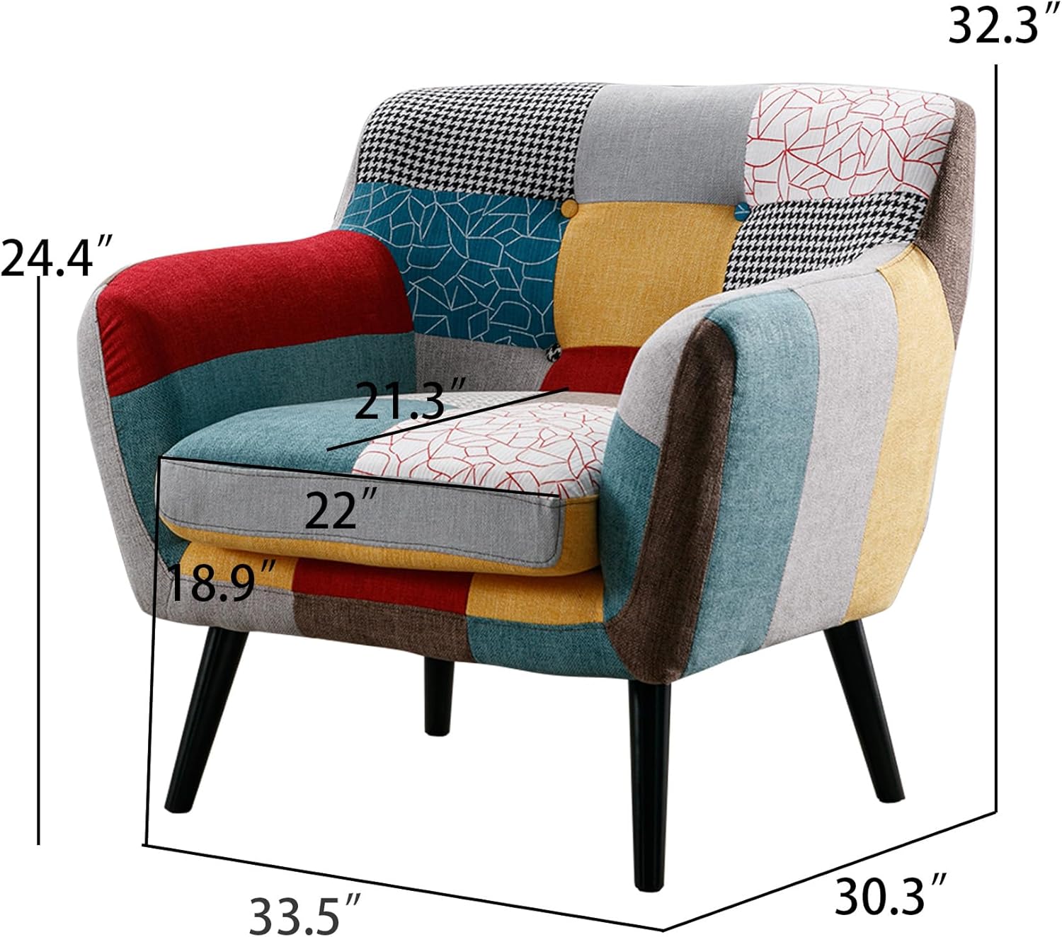 Bonzy Home Modern Oversized Accent Chair for Living Room, Colorful Boho Linen Fabric Upholstered Armchair with Wood Legs, Single Chair