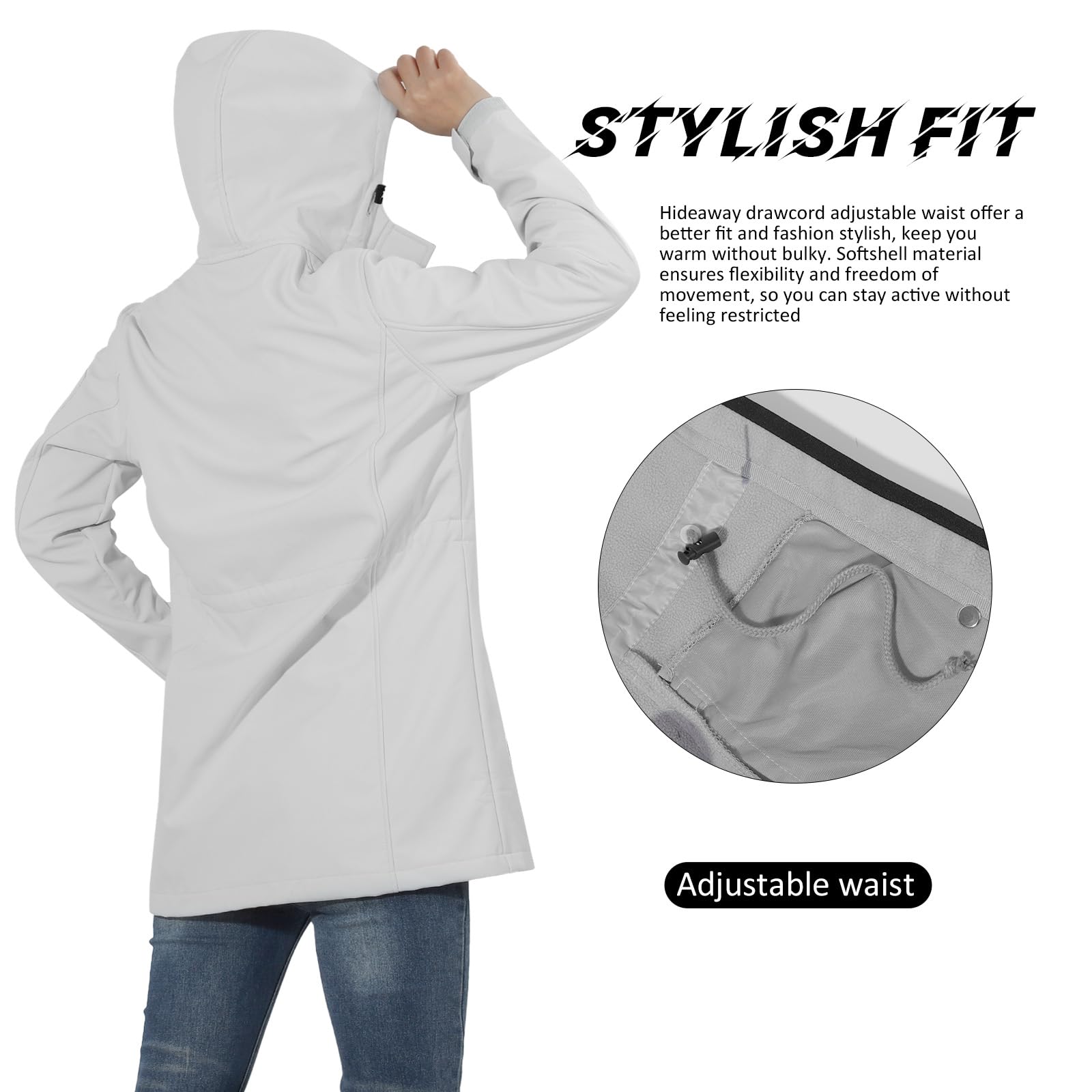 Chaqueta Softshell para mujer, con forro polar, impermeable, cortavientos, cálida, larga, con capucha, para exteriores