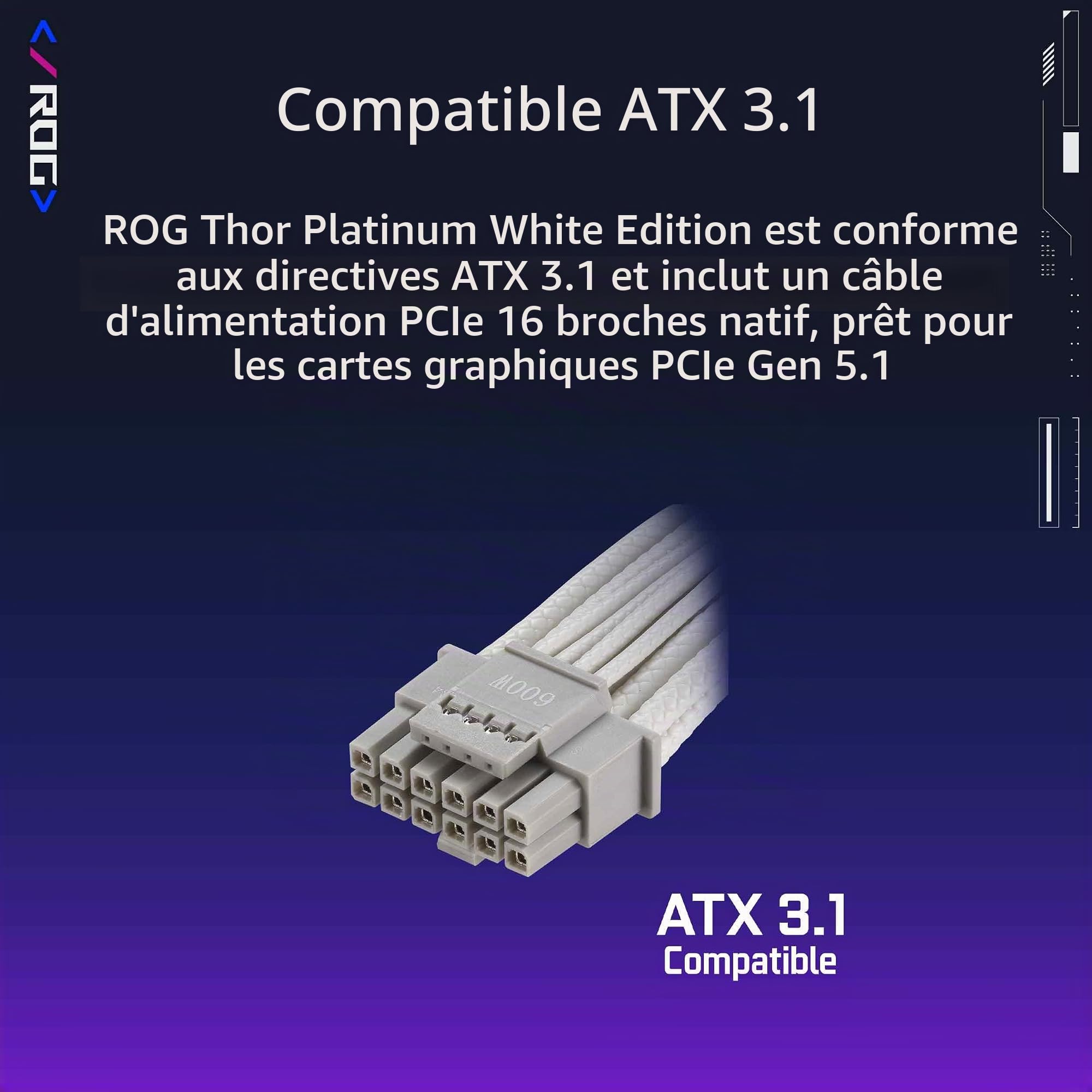 ASUS ROG Thor 1200W Platinum III White - Bloc d'alimentation (80 Plus Platinum Certified, ATX 3.1, PCIE 5.1, GaN MOSFET, GPU-First IVS, Magnetic OLED Display, Turbo Mode, garrantie10ans)