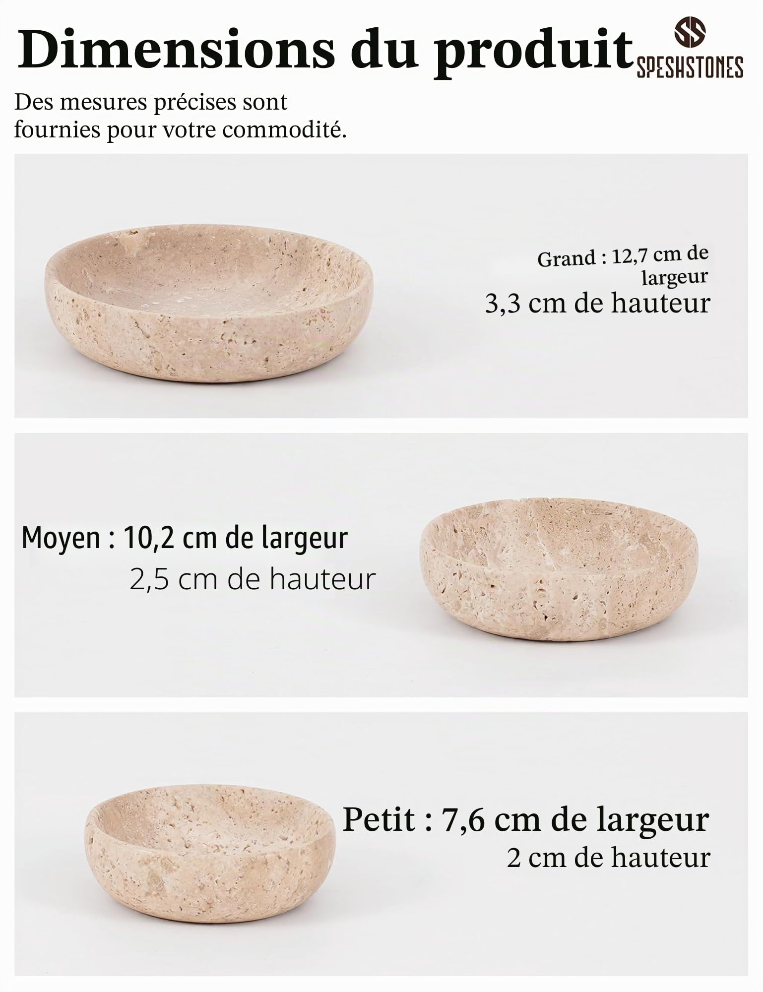 SPESHSTONES Ensemble de 3 bols en marbre faits à la main en travertin, bols à mélanger et ensemble d'assiettes pour cuisine et salle à manger - Petits plats de service, mini bol, plat à sauce en